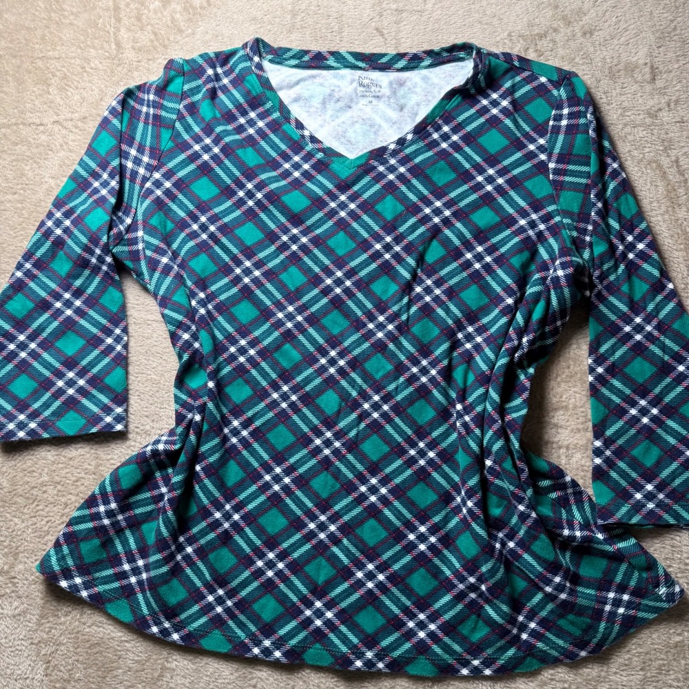 Kim Rogers Green Plaid V-Neck 3/4 Sleeve Cotton Top Women Medium Basics Everydsy